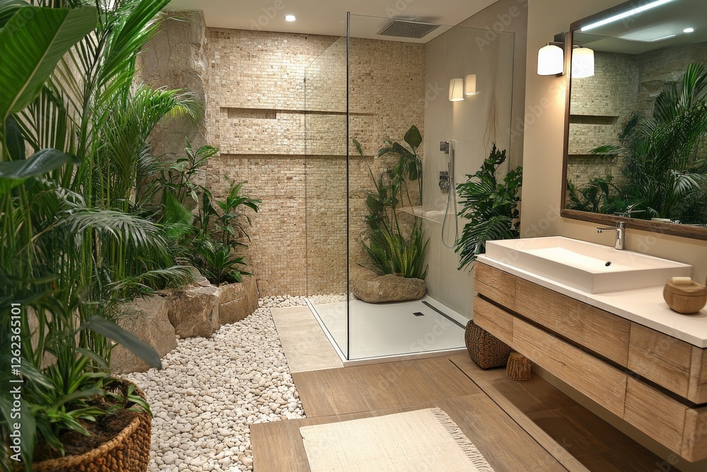 Fototapeta premium Luxurious modern bathroom featuring tropical greenery and elegant decor in a serene setting