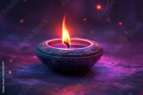 Beautiful candle with flame surrounded by purple flowers in a serene nighttim...