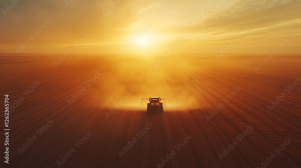 A tractor spraying pesticides over a sprawling soybean field, forming perfect rows, with misty spray highlighted by the soft glow of morning sunlight.