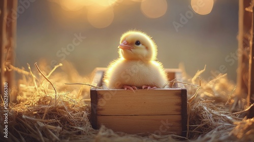 Charming yellow chick resting in a rustic wooden crate surrounded by soft str...