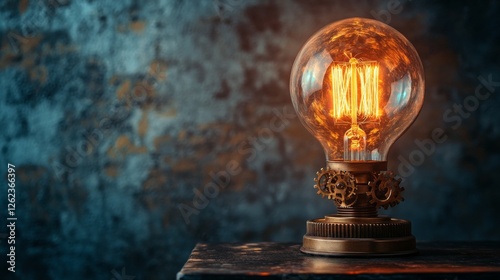 Vintage light bulb with warm glow illuminating a dark background