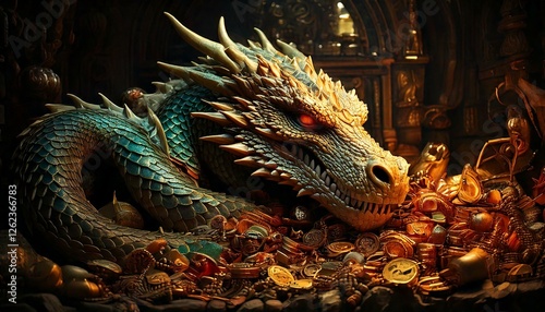 Dragon’s lair- Dragon sleeping amidst heaps  photo