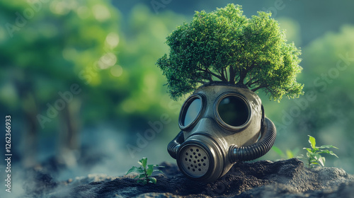 Ecology concept with gas mask silhouette composed of green trees and plants icons. Save earth and air pollution themes design photo