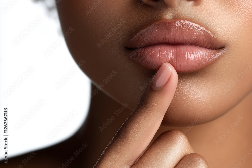 Obraz premium Close-Up of Lips: A close-up shot focusing on the luscious, full lips of a woman of color. Her finger gently touches her lower lip, adding a touch of intimacy and intrigue.