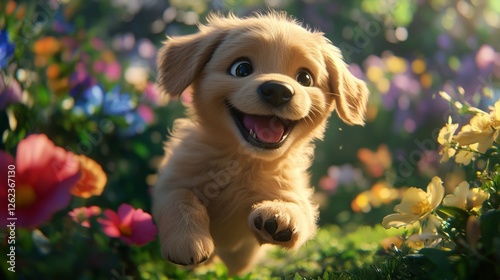 Happy puppy runs joyfully through a colorful flower garden on a bright sunny day