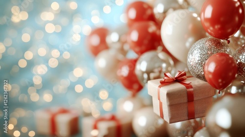 Colorful party balloons and wrapped gifts amidst falling snowflakes create a ...