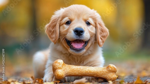 Playful puppy enjoys a sunny day in a vibrant meadow with a bone in its mouth