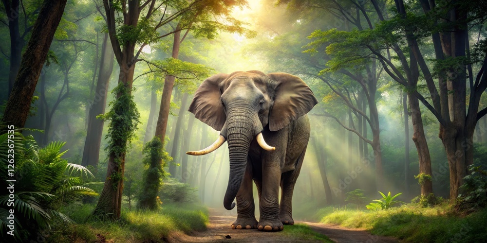 Fototapeta premium Majestic Elephant Standing in Lush Green Forest with Sunlight