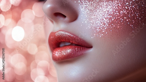 Sparkling lips with glitter makeup in a vibrant bokeh background