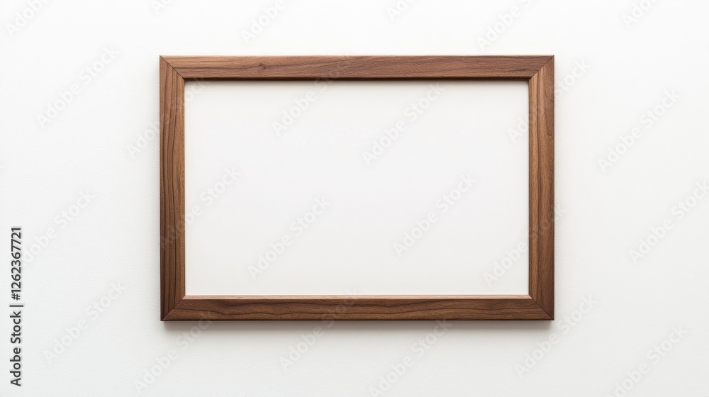 A simple wooden frame is displayed against a white wall, ready to showcase art or photos. A simple wooden frame is displayed against a white wall, ready to showcase art or photos.