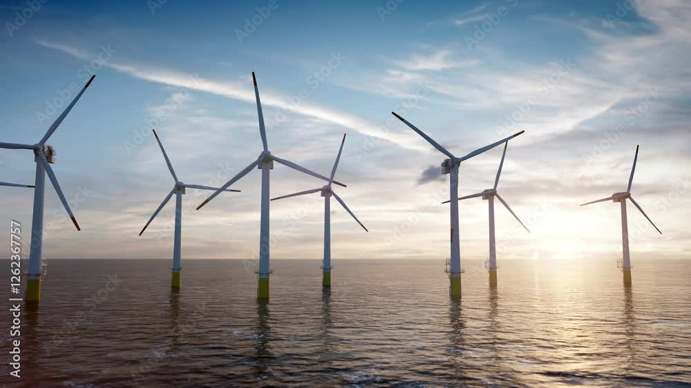 Blades of an offshore wind turbine are breaking off one by one during sunset