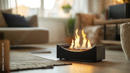 Modern living room with a cozy fireplace and stylish furniture in a serene fo...