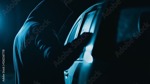 Silhouette of Hooded Figure Approaching Car at Night Under Mysterious Blue Lighting