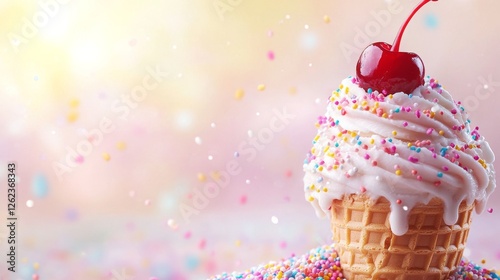 Delightful ice cream cone topped with cherry and colorful sprinkles on festiv...