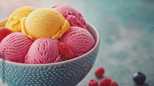 Colorful assortment of ice cream scoops served in a decorative bowl with fres...