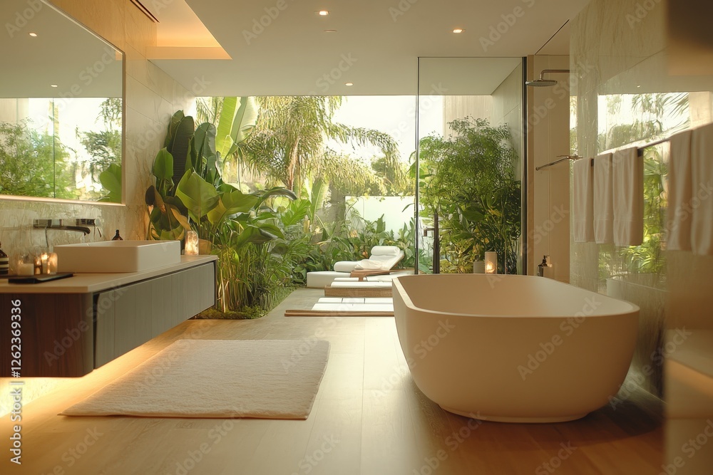 Fototapeta premium Contemporary bathroom design with natural light and tropical garden view in a serene retreat