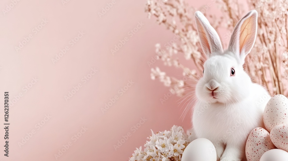 A cute white bunny sits among vibrant Easter eggs and delicate spring flowers. The pastel-colored setting creates a joyful atmosphere perfect for celebrating the Easter season A cute white bunny sits among vibrant Easter eggs and delicate spring flowers. The pastel-colored setting creates a joyful atmosphere perfect for celebrating the Easter season