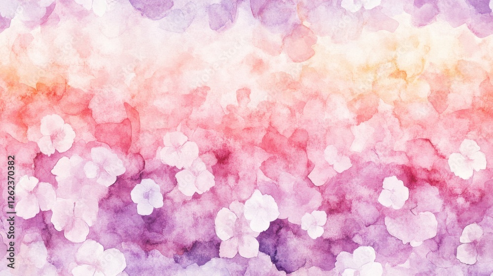Obraz premium A soft, colorful watercolor background featuring delicate blossoms in shades of pink, purple, and white, creating a serene and dreamy atmosphere.