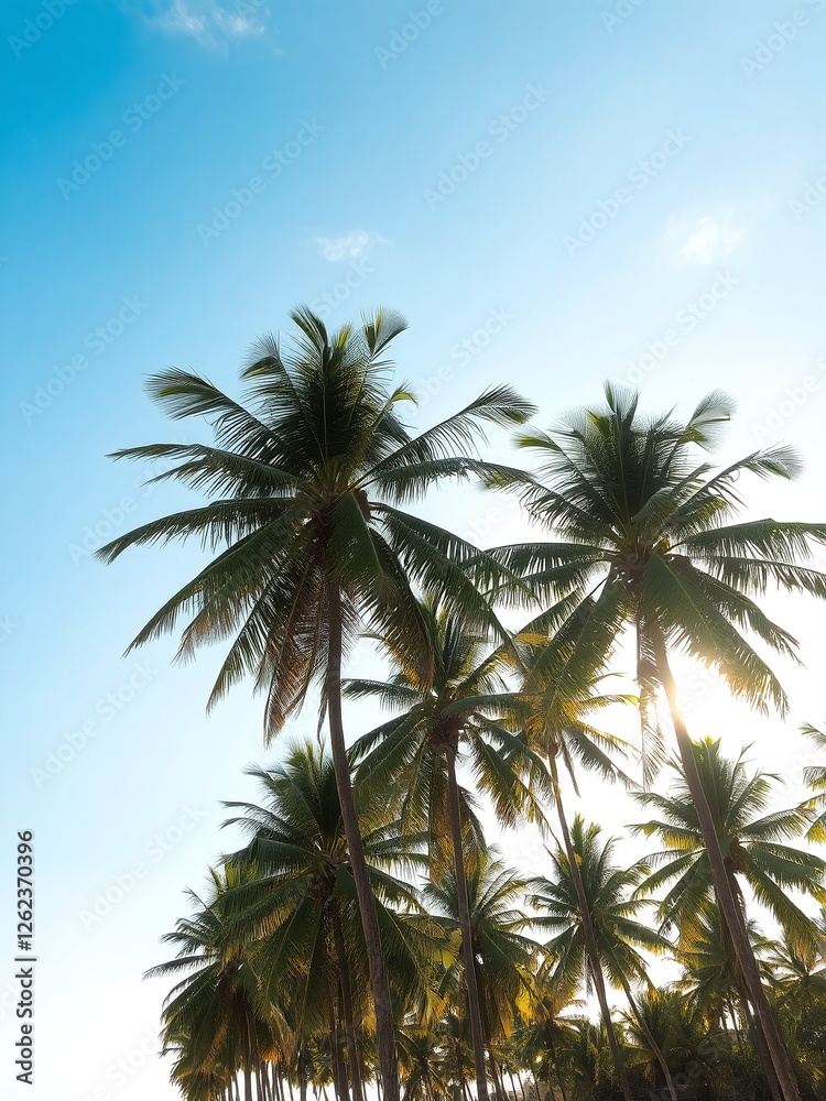A tropical beach scene with tall palm trees swaying against a bright blue sky, with the golden sun shining through the leaves A tropical beach scene with tall palm trees swaying against a bright blue sky, with the golden sun shining through the leaves