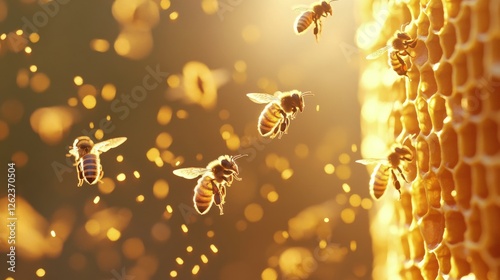 Honey bee gathers nectar while perched on a glistening honeycomb under warm g...