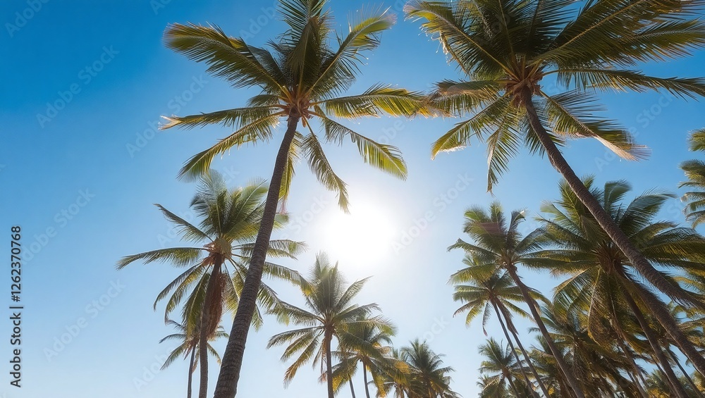A tropical beach scene with tall palm trees swaying against a bright blue sky, with the golden sun shining through the leaves A tropical beach scene with tall palm trees swaying against a bright blue sky, with the golden sun shining through the leaves