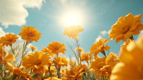 Vibrant orange flower field under a bright blue sky with fluffy clouds in a s...