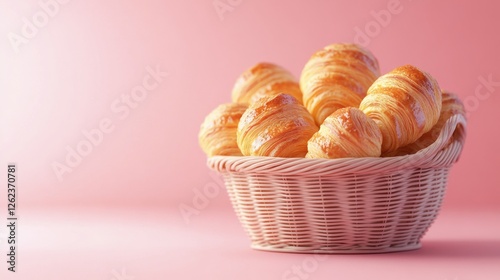Freshly baked croissants in a wicker basket on a pastel pink background