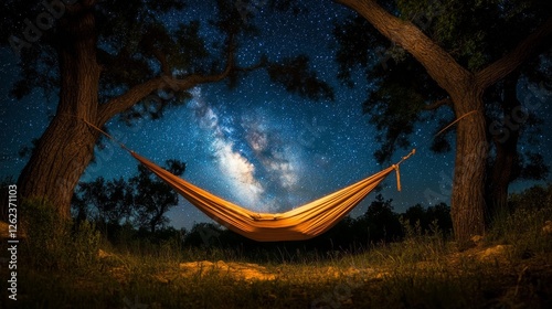 Starry night sky with hammock between trees in peaceful outdoor setting