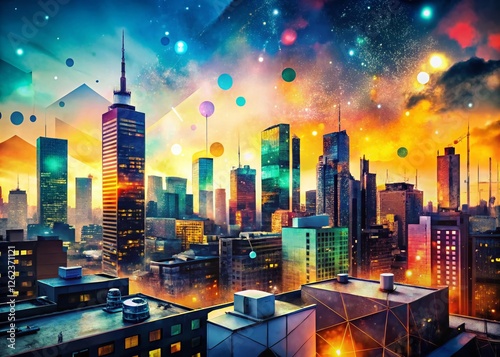 Minimalist Urban Graffiti: Intricate Spray Paint Art on City Skyline at Dusk