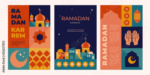 Geometric style colorful Islamic Ramadan Kareem banner, poster design, pattern and geometrical background. Mosque, moon, dome and lanterns. Minimalistic illustrations