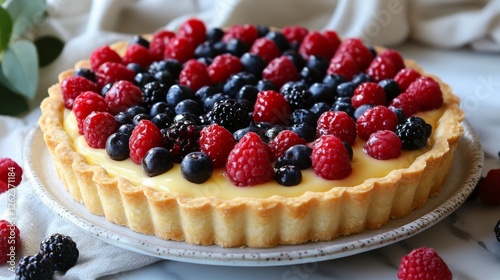 Fresh berry tart with raspberries and blackberries on a plate