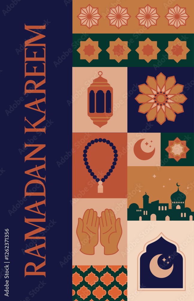 Fototapeta premium Geometric style colorful Islamic Ramadan Kareem banner, poster design, pattern and geometrical background. Mosque, moon, dome and lanterns. Minimalistic illustrations