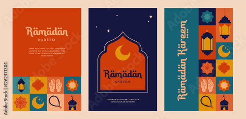 Geometric style colorful Islamic Ramadan Kareem banner, poster design, pattern and geometrical background. Mosque, moon, dome and lanterns. Minimalistic illustrations
