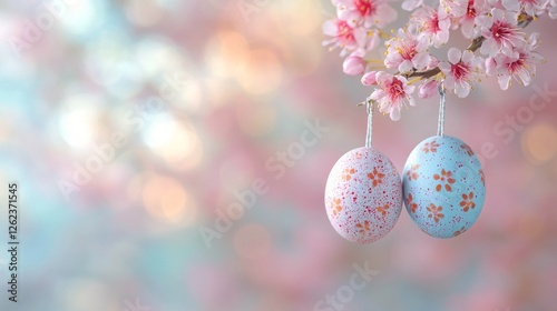 Spring celebration with pastel colored eggs hanging from tree branches in a b...