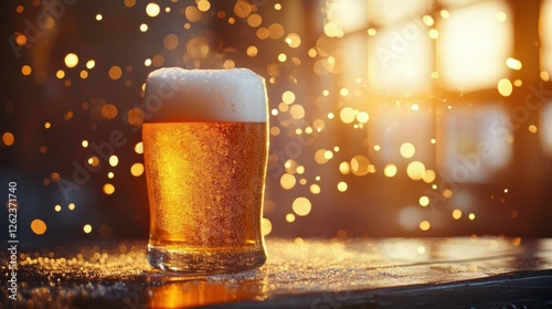 Refreshing glass of golden beer with frothy head illuminated by soft glowing ...