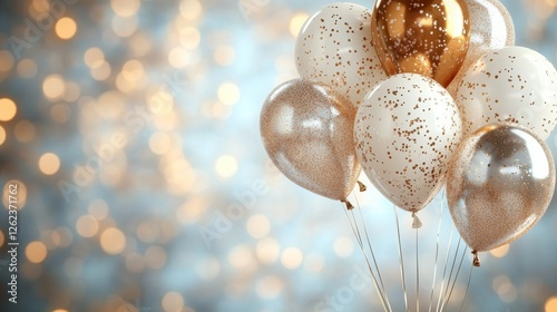 Festive golden and silver balloons arranged against a textured background for...