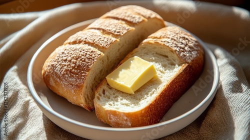 Freshly sliced bread with butter on a serene table by the window with flowers