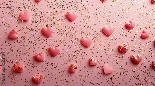Colorful heart decorations on a sparkling pink background for a festive celeb...