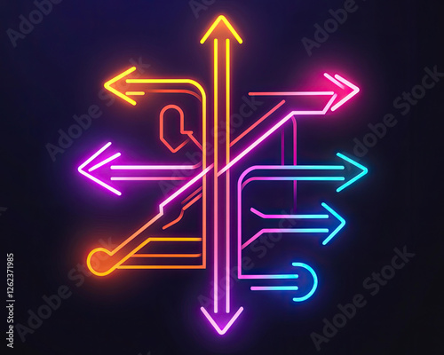 Abstract Neon Arrows Intertwined Complex Network Pathways Showing Multiple Directions and Choices