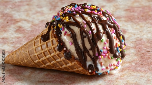 Colorful ice cream cone with sprinkles against a vibrant background