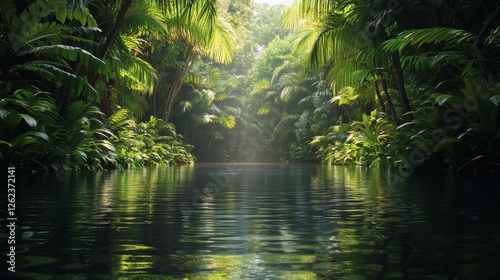 Lush tropical river surrounded by dense vegetation in a serene jungle setting