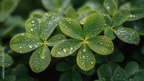 Close up of green plant leaves with water droplets in a serene environment sh...
