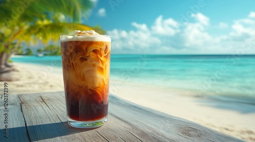 Refreshing iced coffee on a tropical beach with clear blue waters and palm tr...