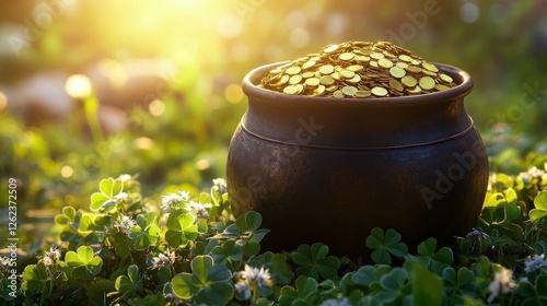 Pot of gold surrounded by clovers and flowers in a sunlit meadow during sprin...