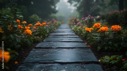 Tranquil garden pathway lined with vibrant flowers during a gentle rain shower