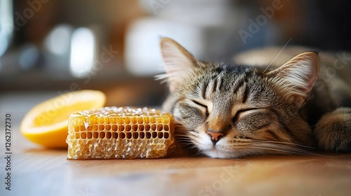 Honey being drizzled from a honeycomb in a rustic kitchen during an afternoon