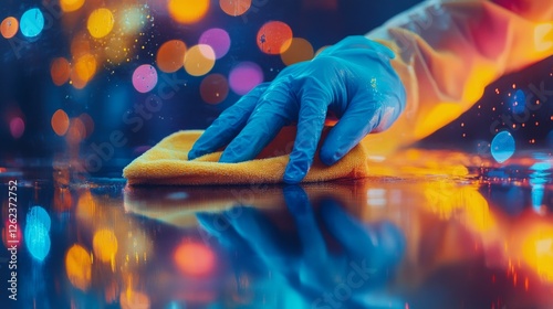 Cleaning a countertop with a yellow glove and microfiber cloth in a bright ki...