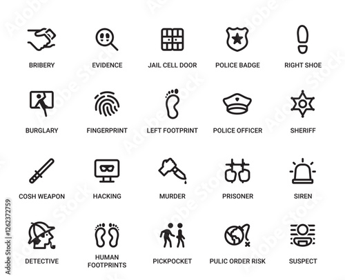 Crime and Law Enforcement Category Outline Pictogram Icons Set