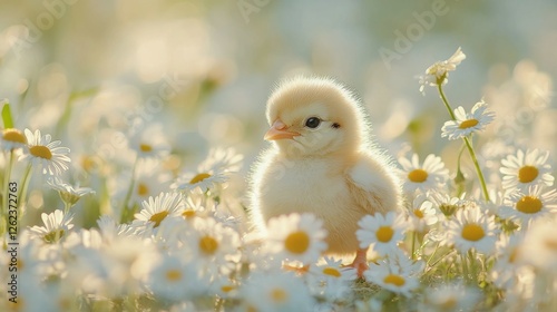Small chick standing in a field of white flowers during a sunny afternoon