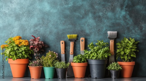 Garden herbs and plants arranged in pots with gardening tools against a textu...